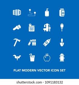 Modern, simple vector icon set on blue background with cold, apple, juice, play, food, healthy, jar, brush, care, safety, point, glass, hydrant, department, wrench, health, work, hygiene, travel icons