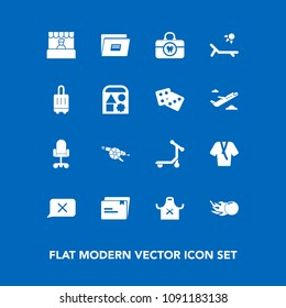 Modern, simple vector icon set on blue background with space, comet, sign, bear, restaurant, paper, document, airport, ball, care, gambling, closed, military, sunny, market, toy, hygiene, office icons