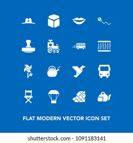 Modern, simple vector icon set on blue background with fun, geography, floral, beverage, hot, west, origami, transportation, teapot, cube, beauty, world, creative, map, air, seat, nature, flower icons