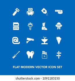 Modern, simple vector icon set on blue background with baby, food, cream, powder, ice, message, dentist, repair, construction, envelope, fountain, sweet, mail, sign, chocolate, screwdriver, art icons