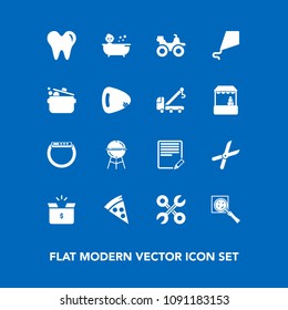 Modern, simple vector icon set on blue background with package, gadget, text, time, health, box, shower, industrial, search, dental, smart, food, quad, pizza, service, write, container, garden icons