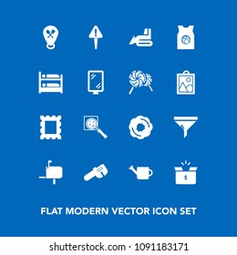 Modern, simple vector icon set on blue background with filter, sign, air, message, cake, repair, dessert, sweet, location, cardboard, machinery, mailbox, conditioner, frame, equipment, container icons