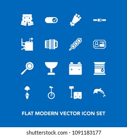 Modern, simple vector icon set on blue background with utensil, fashion, belt, battery, machine, floral, ocean, wear, shorts, beautiful, table, bed, interior, food, sofa, template, business, pan icons