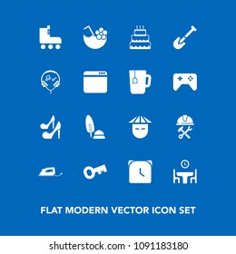 Modern, simple vector icon set on blue background with white, glass, leisure, hour, foreman, food, helmet, dinner, industry, fashion, electric, key, fun, ink, dessert, minute, work, construction icons