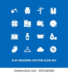 Modern, simple vector icon set on blue background with furniture, pie, hanger, direction, room, tv, entertainment, money, percent, casino, socks, food, cake, clothes, sweet, scan, suit, winter icons