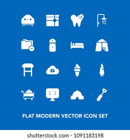 Modern, simple vector icon set on blue background with monster, raw, kitchen, bath, comfortable, cooking, ice, restaurant, box, space, gift, spoon, camp, food, armchair, health, travel, outdoor icons