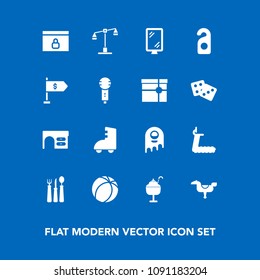 Modern, simple vector icon set on blue background with sport, soccer, happy, fitness, child, football, business, table, balance, kid, judge, roller, monster, knife, skating, office, restaurant icons