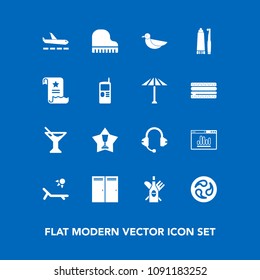 Modern, simple vector icon set on blue background with document, bird, wildlife, wine, award, nature, musical, vacation, winner, dental, alcohol, toothbrush, paper, toothpaste, cocktail, drink icons