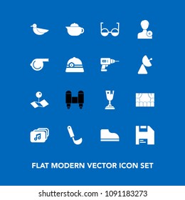 Modern, simple vector icon set on blue background with tea, account, place, first, food, pointer, rocket, music, spaceship, hot, file, sky, bird, drink, teapot, technology, wildlife, diskette icons