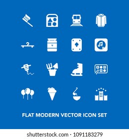 Modern, simple vector icon set on blue background with food, celebration, spoon, birthday, clothing, train, dinner, transportation, bed, ice, white, toy, vacation, work, hygiene, cloakroom, ball icons