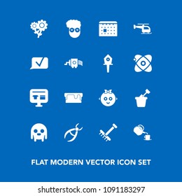 Modern, simple vector icon set on blue background with tea, cup, raking, food, retro, style, autumn, summer, sand, calendar, cake, gardening, hipster, drink, timetable, cute, baby, drill, clinic icons