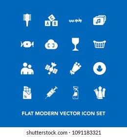 Modern, simple vector icon set on blue background with satellite, person, candy, hair, profile, spray, bottle, game, beautiful, shipping, beauty, chess, lollipop, piece, blossom, bar, abc, food icons