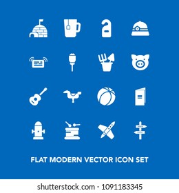 Modern, simple vector icon set on blue background with horse, label, ice, brochure, play, department, drink, space, igloo, tea, rocket, instrument, white, arrow, way, motel, business, musical icons