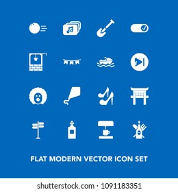 Modern, simple vector icon set on blue background with wine, fashion, bowling, summer, japanese, kitchen, travel, tool, japan, well, fun, character, beauty, sky, file, machine, kite, girl, , joy icons