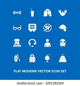 Modern, simple vector icon set on blue background with tie, fiction, sweet, tent, location, elegance, boat, houseboat, sea, drink, alien, dessert, map, cream, seafood, crab, travel, man, food icons