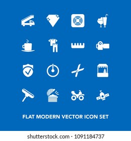 Modern, simple vector icon set on blue background with road, extreme, planet, supermarket, roller, off, air, technology, dirt, work, quad, food, check, cut, chef, restaurant, market, truck, fan icons