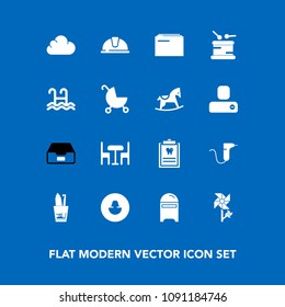 Modern, simple vector icon set on blue background with dentistry, dentist, paper, hat, mailbox, helmet, health, envelope, document, musical, table, cloud, medical, nature, information, file icons