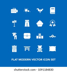 Modern, simple vector icon set on blue background with building, airplane, plane, cute, play, travel, white, happy, soft, pillow, flight, nature, collection, hotel, drawer, house, business, sky icons