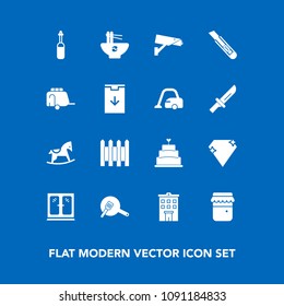 Modern, simple vector icon set on blue background with meal, pie, sweet, toy, building, cake, dessert, home, protection, jam, furniture, security, interior, noodle, house, real, fence, honey icons