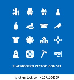 Modern, simple vector icon set on blue background with white, gym, alphabet, chair, fashion, tool, road, background, street, wrench, snorkel, female, equipment, education, game, fan, traffic icons