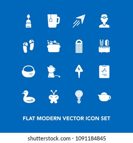 Modern, simple vector icon set on blue background with paper, flight, extreme, sweet, butterfly, parachuting, medical, dentist, food, dentistry, animal, slipper, dessert, cake, bag, cup, energy icons
