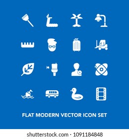 Modern, simple vector icon set on blue background with bathroom, transportation, safety, gym, cosmos, food, tree, sky, universe, plant, buoy, help, film, nature, video, transport, kitchen, bird icons