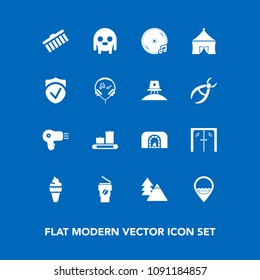 Modern, simple vector icon set on blue background with ice, warm, sweet, fireplace, music, dessert, cream, sound, space, business, christmas, ufo, entrance, forest, door, monster, fiction, dryer icons