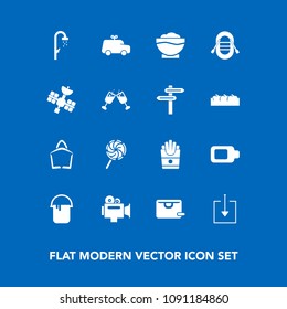 Modern, simple vector icon set on blue background with energy, bath, chef, water, drink, travel, food, lollipop, download, sale, coffee, equipment, car, french, ship, fast, bag, snack, glass,  icons
