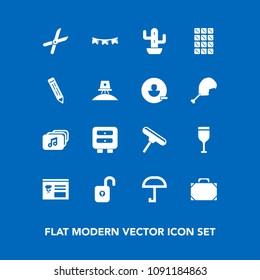 Modern, simple vector icon set on blue background with style, chocolate, garden, red, security, roller, food, gardening, background, object, desert, work, rain, protection, drink, umbrella, menu icons