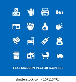 Modern, simple vector icon set on blue background with housework, school, interior, toy, furniture, honey, machine, play, child, cleaner, hygiene, lawn, glass, kid, spring, backpack, floral, jar icons