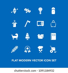 Modern, simple vector icon set on blue background with baby, winner, kebab, parachuting, book, doughnut, ship, orbit, station, animal, extreme, space, salt, sweet, boat, parachute, sky, dessert icons