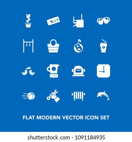 Modern, simple vector icon set on blue background with water, food, animal, home, football, desk, ocean, soccer, builder, green, flight, work, astronaut, mixer, pot, love, pigeon, science, game icons