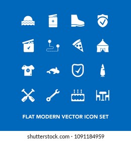 Modern, simple vector icon set on blue background with sea, medicine, nature, light, footwear, vegetable, pie, fresh, fashion, food, wrench, raw, medical, spanner, oar, fish, play, equipment icons