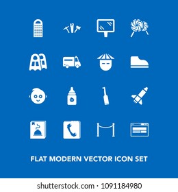 Modern, simple vector icon set on blue background with menu, rocket, launch, baby, milk, ambulance, toothbrush, asian, tooth, sea, brush, banner, hammer, phone, childhood, child, internet, cute icons
