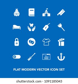Modern, simple vector icon set on blue background with butterfly, room, clothing, building, book, security, caffeine, construction, turn, lady, castle, bug, baby, lock, website, holiday, clothes icons