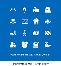 Modern, simple vector icon set on blue background with headwear, building, real, energy, vacuum, person, housework, spoon, fork, electricity, bike, man, light, knife, candy, food, new, music, up icons