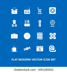 Modern, simple vector icon set on blue background with coffee, website, sound, cup, container, furniture, lock, radio, cosmos, cd, city, package, communication, drink, food, space, astronomy icons