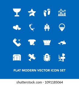 Modern, simple vector icon set on blue background with queen, fashion, crown, footwear, plane, luxury, elevator, glass, shirt, travel, finance, slipper, food, work, heart, flight, aircraft, sign icons