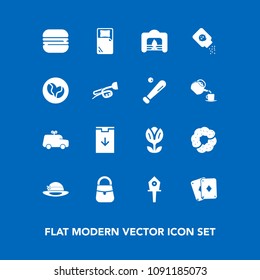 Modern, simple vector icon set on blue background with powder, cheeseburger, floral, food, caffeine, flower, bird, spring, music, game, dessert, snack, fashion, play, fire, hat, christmas, warm icons