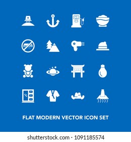 Modern, simple vector icon set on blue background with cooking, clothing, headwear, earth, toy, cabinet, food, station, sign, anchor, japan, home, gas, cap, hat, space, pump, nature, planet icons