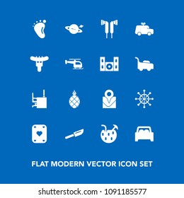 Modern, simple vector icon set on blue background with pineapple, poker, drink, work, glass, audio, music, restaurant, foot, helm, cutlery, exotic, fork, travel, rudder, office, fresh, child icons