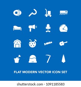 Modern, simple vector icon set on blue background with musical, music, guitar, juice, sound, tie, agriculture, clothing, wood, kitchen, hammer, headwear, glass, sand, home, white, package, barn icons