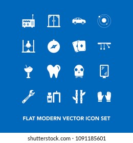Modern, simple vector icon set on blue background with road, xray, ufo, cocktail, direction, spanner, technology, dental, tool, white, dentist, radio, alcohol, nature, wrench, fiction, bamboo icons
