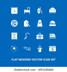 Modern, simple vector icon set on blue background with hour, vehicle, house, agriculture, chain, brush, furniture, interior, water, business, time, hanger, cabinet, hygiene, web, home, clean icons