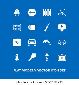 Modern, simple vector icon set on blue background with television, mail, equipment, craft, animal, entertainment, ice, atom, fitness, tennis, kite, tv, fence, technology, post, rocket, ocean icons