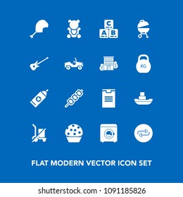 Modern, simple vector icon set on blue background with concept, teddy, delivery, clean, care, child, ocean, health, barbecue, chicken, guitar, scale, grill, hygiene, doughnut, kid, package, bear icons