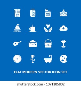 Modern, simple vector icon set on blue background with estate, floral, bar, fashion, flower, food, business, building, cocktail, glass, oven, music, blossom, government, dvd, disc, modern, house icons