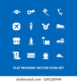 Modern, simple vector icon set on blue background with sorcery, kitchen, sandwich, decoration, food, paper, home, clean, headwear, magic, call, light, sofa, document, candle, clothing, delivery icons
