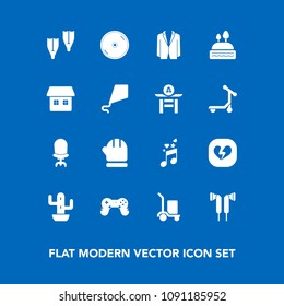Modern, simple vector icon set on blue background with cargo, warm, sport, house, dvd, warehouse, sea, comfortable, disk, musical, armchair, disc, play, cactus, underwater, sweet, flipper, audio icons