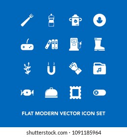 Modern, simple vector icon set on blue background with restaurant, finger, off, photo, fork, joystick, hand, grain, concept, lollipop, magnetic, picture, sign, bottle, switch, people, avatar icons